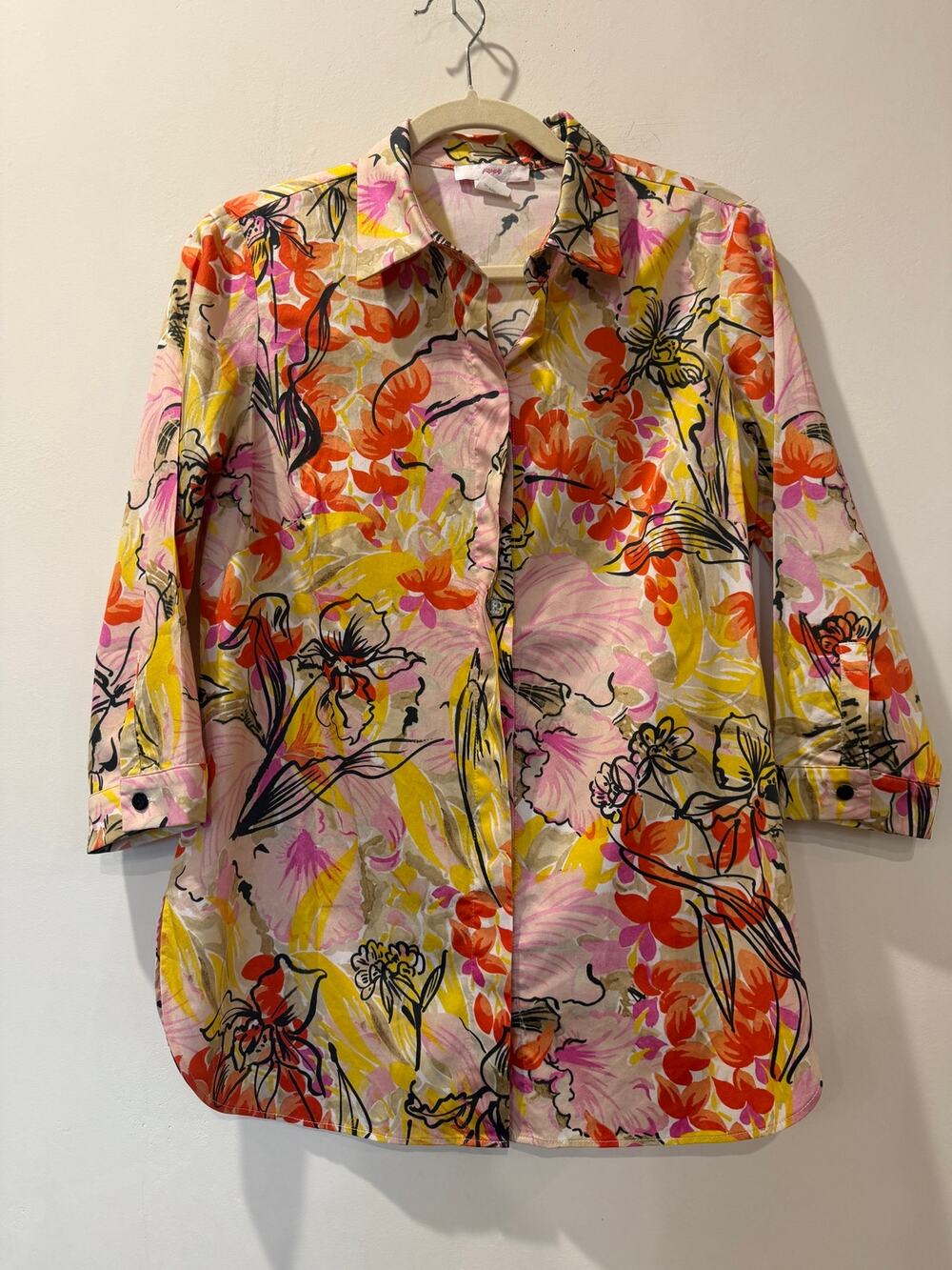 Leggiadro Floral Button Down Shirt Sz 8 Stretch Cotton 3/4 sleeve pink orange